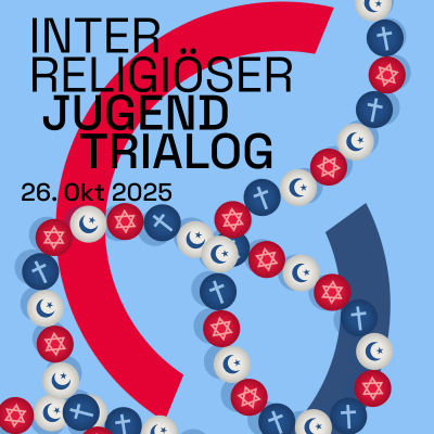 Auf der Grafik ist im Hintergrund das stilisierte Logo des Stadtjugendrings. Links oben steht "Interreligiöser Jugendtrialog 26. Oktober 2025". auf der rechten Bildhälfte schlängelt sich eine Perlenkette entlang, auf deren Perlen die Symbole der großen Weltreligionen abgebildet sind.