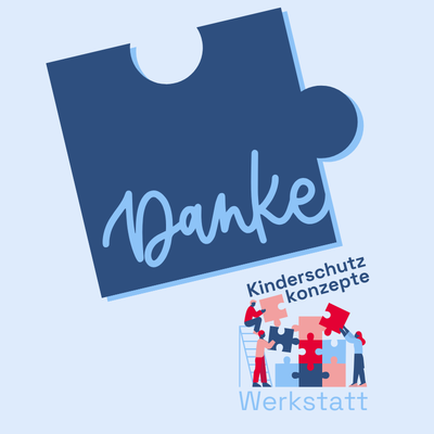ein großes Puzzlestück, auf dem "Danke" steht, rechts darunter mehrere kleine Puzzlestücke, die von drei Figuren wie ein gebäude aufeinander gesetzt werden